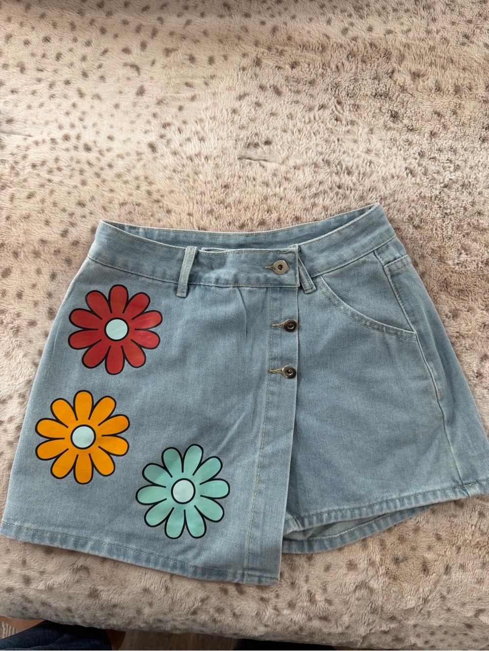 Light Wash Denim Skort with Floral Appliqués - Blue - Red - Yellow